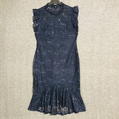 Alexa B Nites Dress Womens Size 8 Navy Blue Lace Sequin Ruffle Midi Formal Party