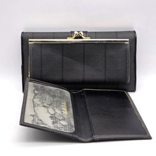Liz Claiborne Black Striped Faux Leather Wallet & Checkbook Holder Gold Accents - Picture 3 of 10