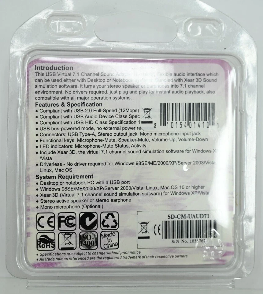 USB 2.0 External Virtual 7.1 Surround Sound Adapter SD-CM-UAUD71 - Image 2 of 2