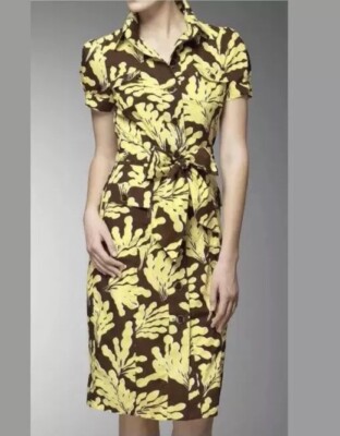 DIANE VON FURSTENBERG DVF Clio Shirt Dress Floral Yellow Brown White Ties Sz 2