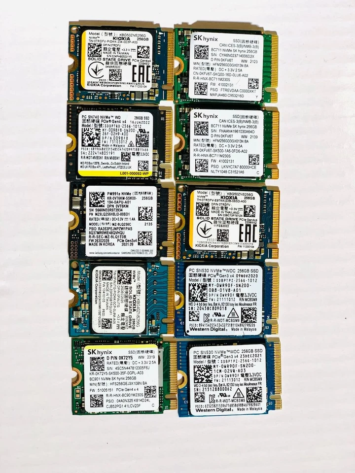 LOT of 10 Mixed Brand 256GB PCIe NVME SSD 30mm 2230 Samsung Toshiba & others - Image 2 of 2