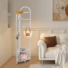 Corner Coat Rack with Storage Basket,White Corner Clothing Rack,Corner Coat Rack