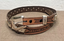 Women  s Brown Hand-Tooled Leather Belt Size Medium   Embossed Silver Hardware