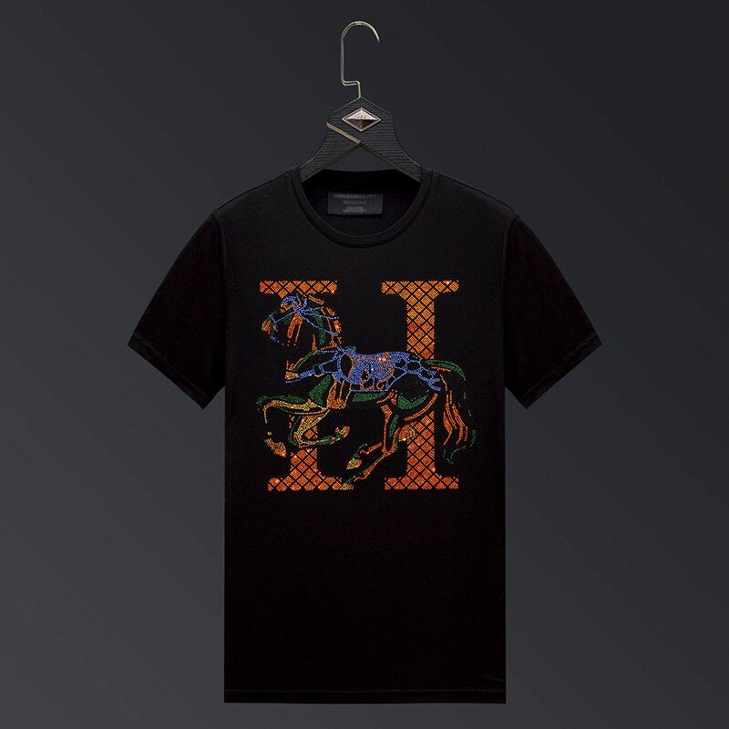 New Fashion Horse Rhinestone Summer Short Sleeve Luxury Men