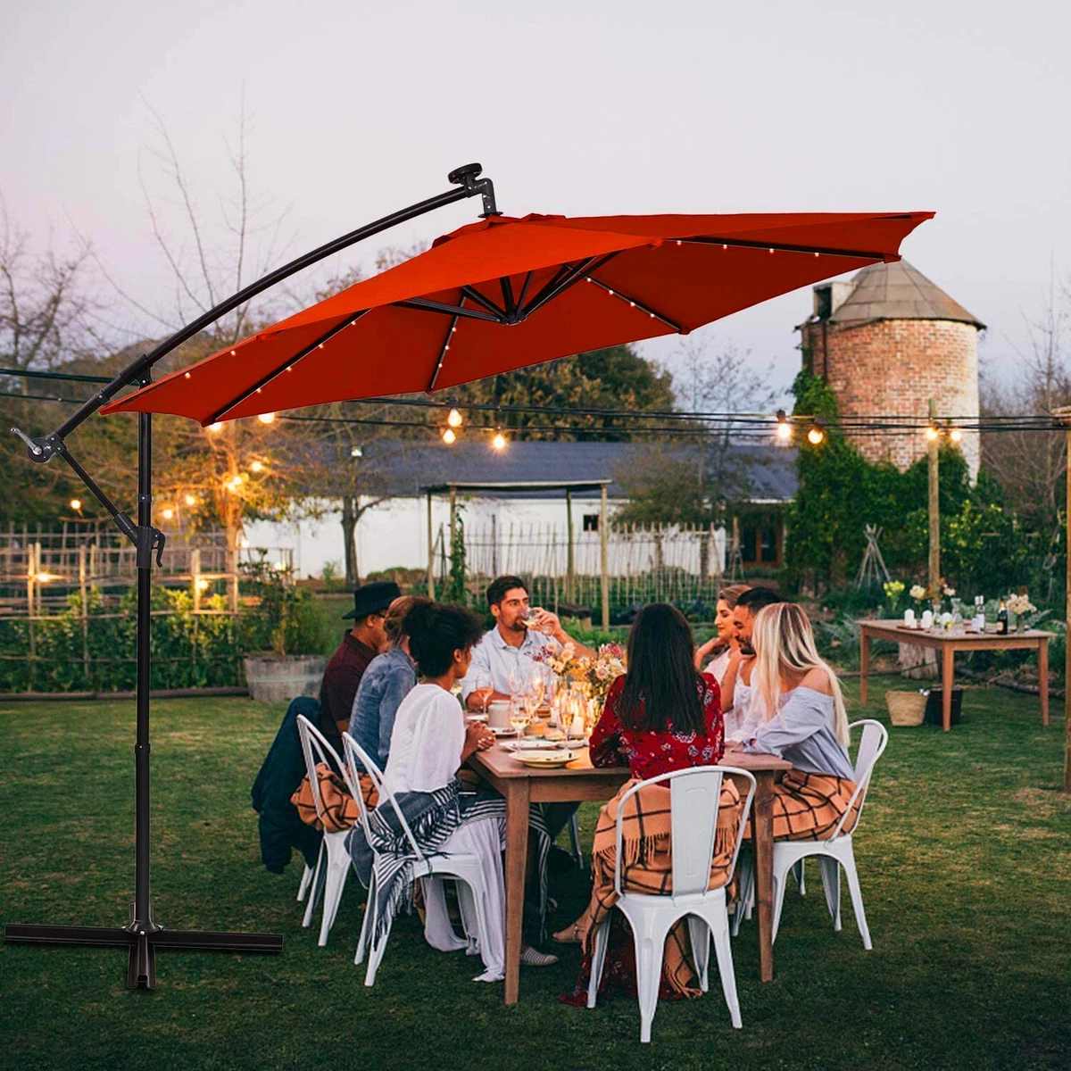 10ft Patio Umbrella with LED Lights Offset Hanging for Night Garden Party  Dining | eBay
