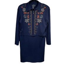 Carol Little Womens Sweater Dress Size large Vintage navy Embroidered Midi Wool