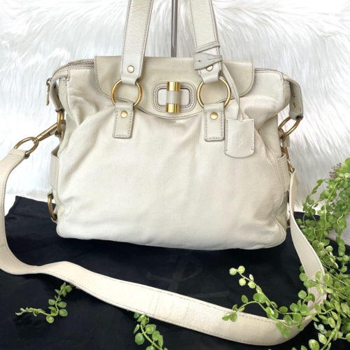 Yves Saint Laurent Muse Shoulder Messenger Bag White/Beige Leather Auth - Picture 1 of 24