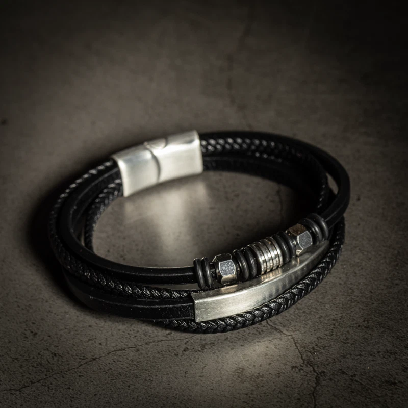 Clancy Garrett Mens Layered Black Braided Leather Stackable