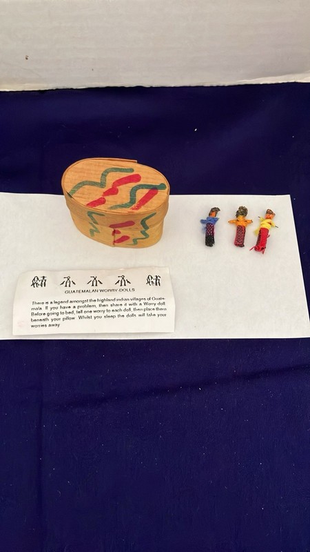 Guatemalan Handmade Worry Dolls Mini Doll Set w/ Painted Wooden Box & Card