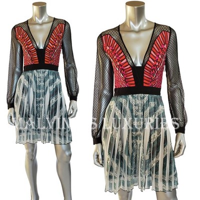 JUST CAVALLI ROBERTO CAVALLI DRESS LACE SHEER SLEEVES PLEATED SKIRT IT 38 US 2