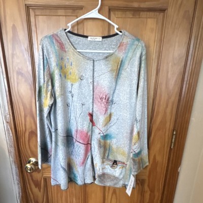 jess & jane top l gray multicolor abstract knit tunic 3/4 sleeve pocket