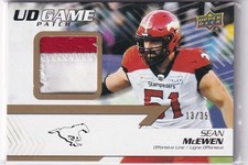 2022 UPPER DECK GAME PATCH  Sean McEwen UDSM Calgary Stampeders 13/35