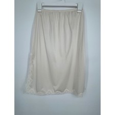 Vintage Lace Trim Half Slip Women M Ivory Midi Length Side Slits Elastic Waist
