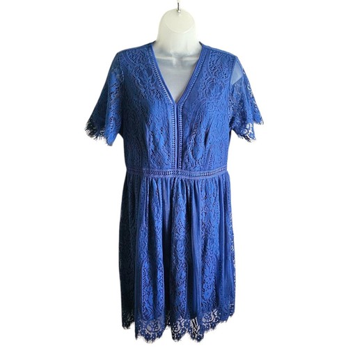 Merokeety Boho Eyelash Lace Overlay Fit N Flare Midi Dress Royal Blue Size L NWT