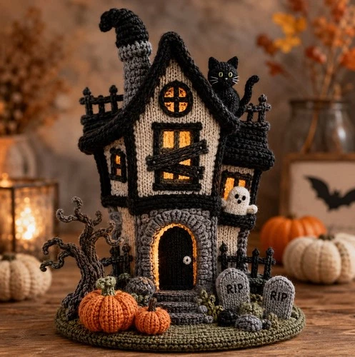 Crooked Haunted House Halloween DK Knitting Pattern Printed Ghost Cat Pumpkin