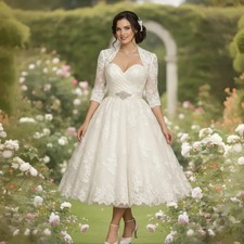 Vintage A-Line Lace Civil Wedding Dresses With Short Jacket Tea Length