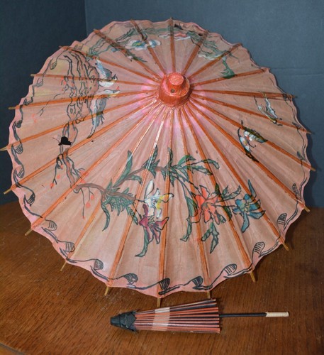 Antique Rice Paper Umbrella Parasol (2) Japan AS IS Hand Painted 14 5/8"