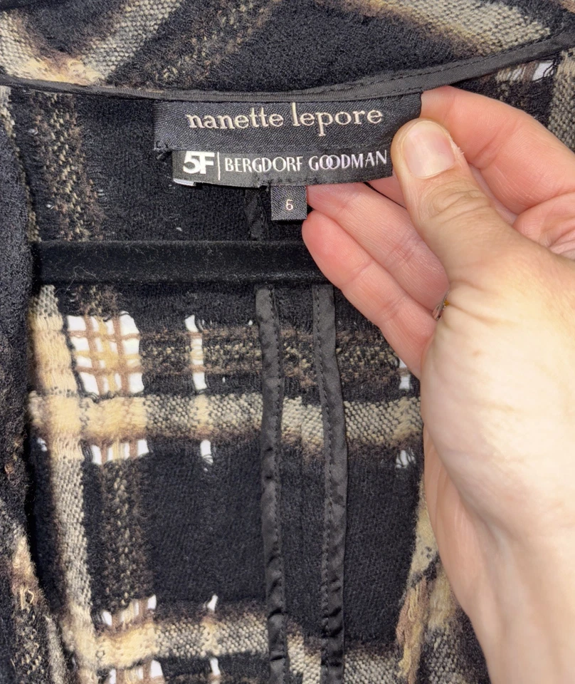 Nanette Lepore Brown Black Plaid Fleece Wool Short Sleeve Blouse Jacket Size 6 - Изображение 3 из 4