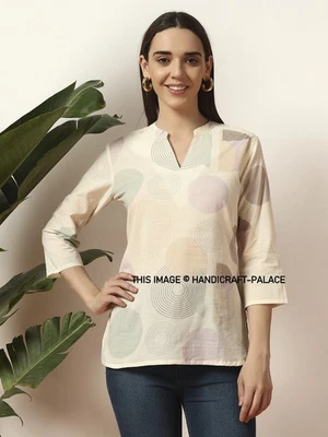 Damen Baumwoll Bluse Boho Tunika 3/4 Arm Split Neck Weiß Regular Fit - Bild 1 von 4