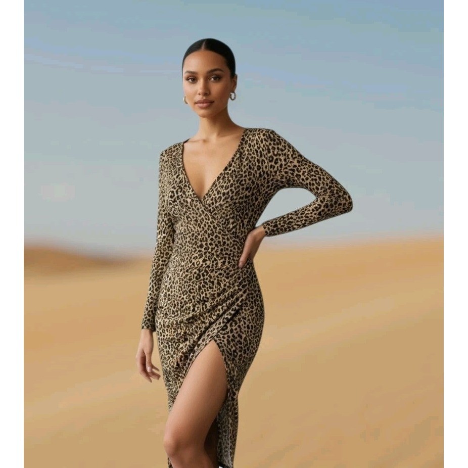 BB Dakota Leopard Animal Print Ruched Midi Dress Womens Small V Neck Long Sleeve