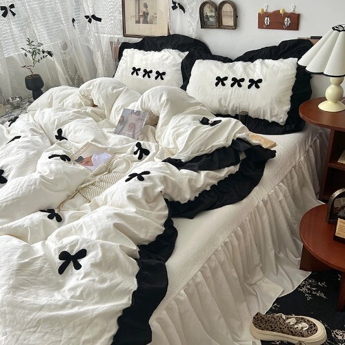 PrincessStyle Kawaii Girl Black Bow BeddingSet Skin-friendly Soft DuvetCover Set