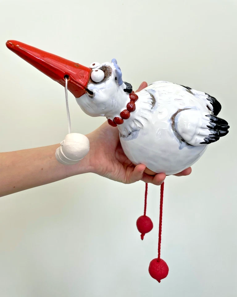 Keramik Gartenkugel Dekoration Statue Vogel Storch H14cm Midene Handgefertigt - Bild 4 von 4