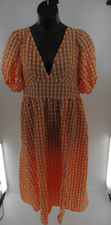 Plus Size Women's Shein Orange White Plaid Puff Short Sleeve Midi Maxi Dress 1X