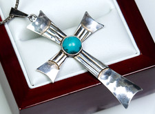 835 Argento - Grande Antico Art Deco Ciondolo a Croce - Turchese - Fatto a Mano