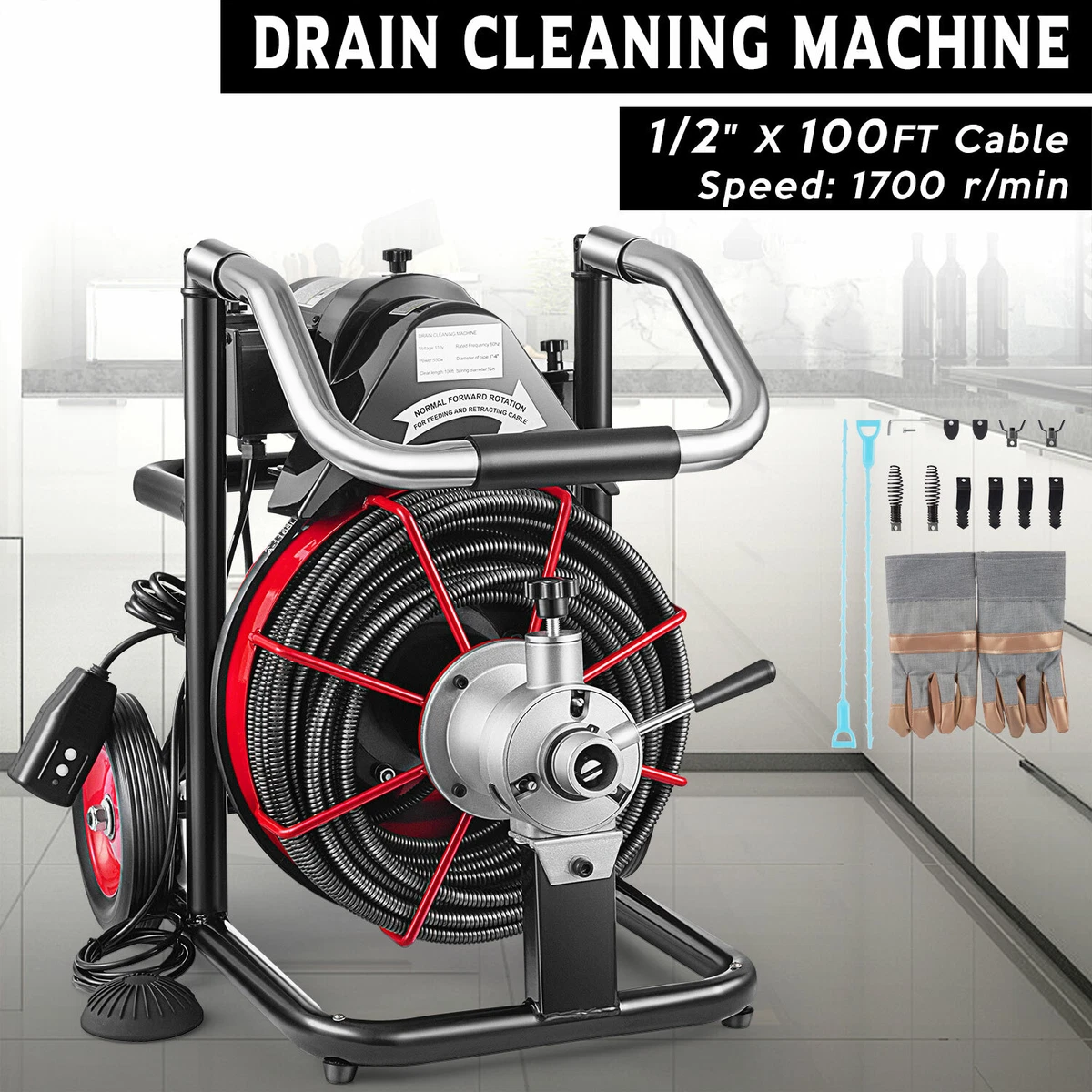 Commercial Drain Cleaner 100ft x 1/2 Sewer Snake Drain Auger Cleaning w/  Cutter