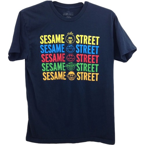 T-Shirt Sesamstraße Größe Large marineblau Regenbogen mehrfarbig Schreibweise 2015