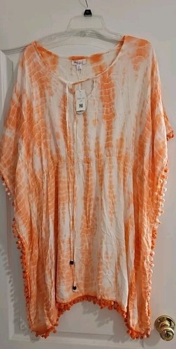 Daisy Island Tie Dye Beach Cover Up Top Pompoms Dress Boho Orange NWT XL - 第 1/9 張圖片
