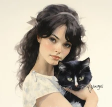 Watercolor Cat Painting Art Print 1970s style 8.5x11 INCLUDES 11X14 MATTING