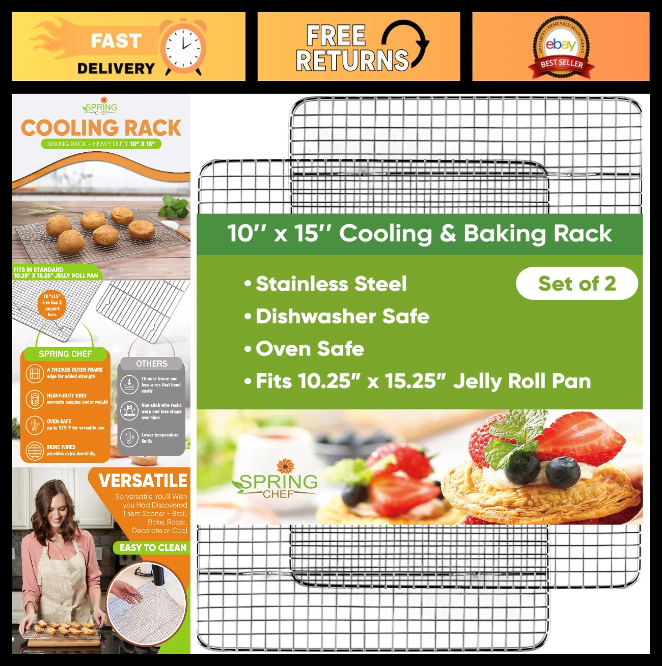 Stainless Steel Cooling Racks 10" x 15" - Oven Safe Cookie Racks for Baking, Gri