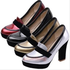 Ladies Block High Heels Slip-on Sequins Shiny Platform Shallow Pumps Shoes 34-48
