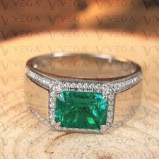 5.60Carat Emerald Cut Natural Emerald Diamond Men's Ring 18k White Gold Plated