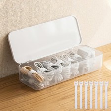 Cable Organizer Box w/ Lid 7 Compartments Desk Cable Management White