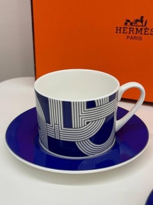 HERMES RALLYE 24 Blue White Porcelain Mug Coffee Tea Cup Saucer