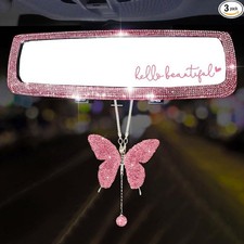 3 Packs Bling Car Rear View Mirror with Crystal Butterfly Accessories-Pink