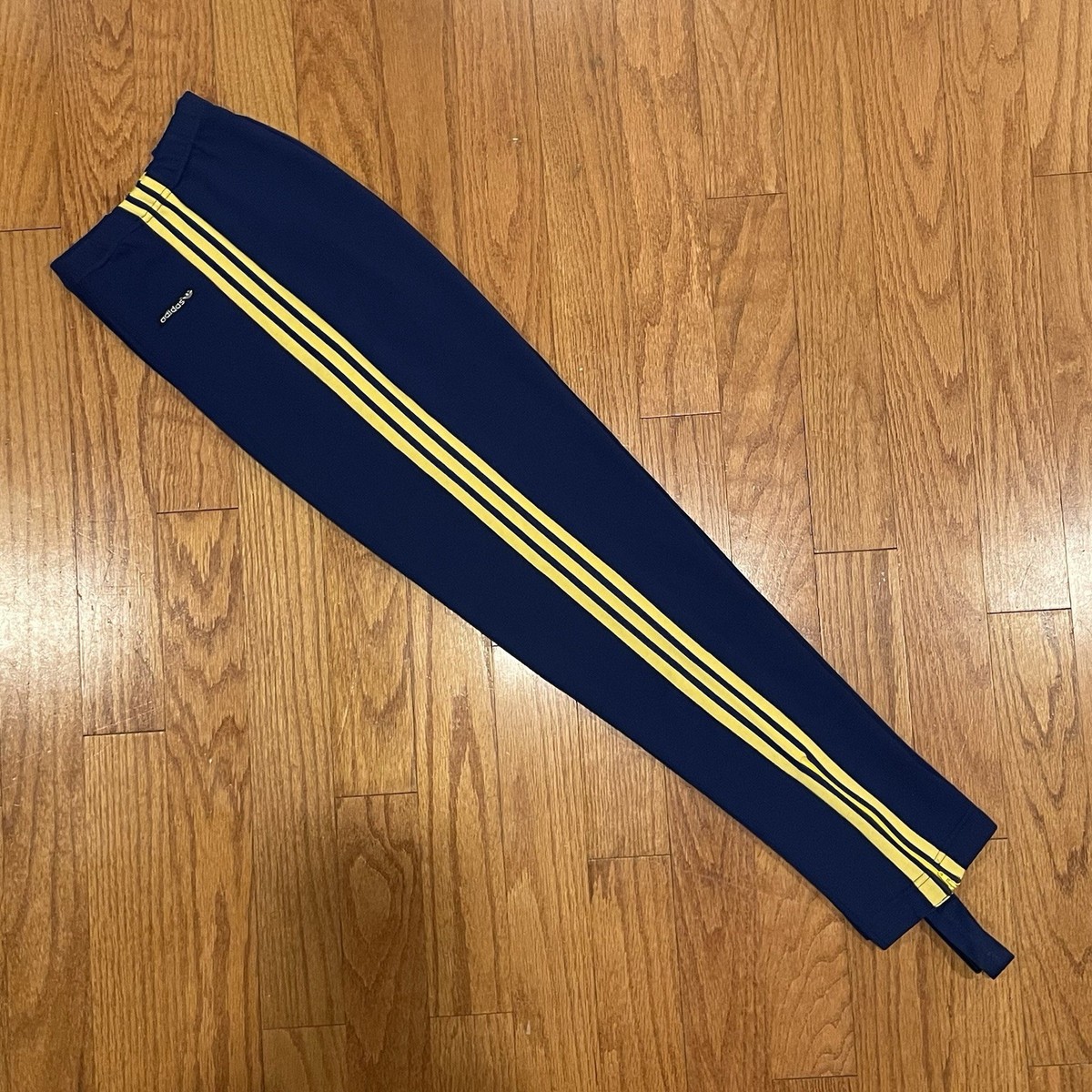 VTG Adidas Track Pants Creased w/ Stirrups Blue/Yellow 70's