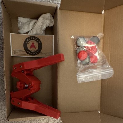 Northern Brewer Red Manual Bottle Capper Kit with Caps and Labels for Beer