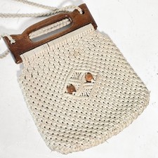 VTG 70s Macrame Handbag Cream Boho Wood Handle Tassel Shoulder Bag Retro Hippie