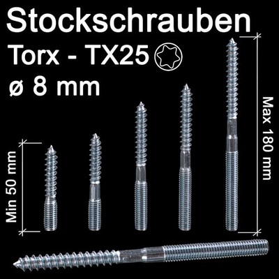 Stockschrauben M8 TORX TX25 Schraubstifte L 50mm - 180mm Stahl Rundkopf