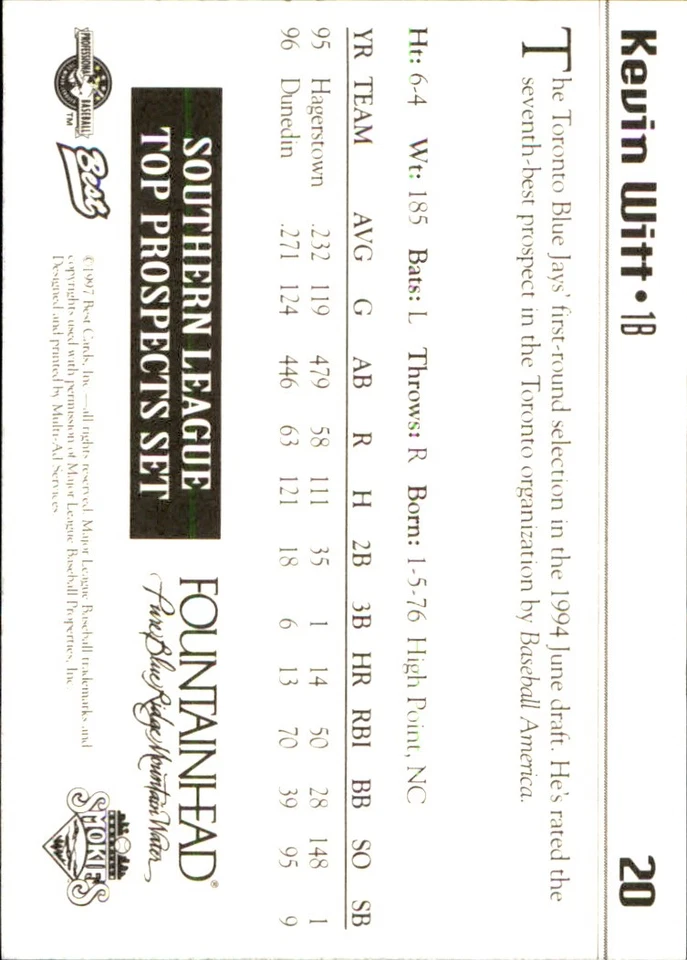 Kevin Witt 1997 Best Southern League Top Prospects #20 RC FREE SHIP AutographDen - Image 2 of 2