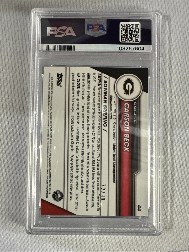 Carson Beck 2023 Bowman U cromo verde brillo refractor 72/99 PSA 10 POP 4! Foto 2 de 2