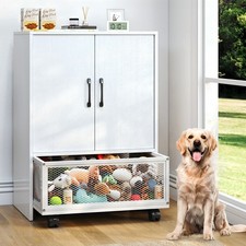 Wooden Pet Wardrobe Closet With Hanging Rod Dog Toy Clothes Storage Cabinet