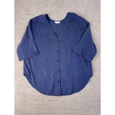 VETTA Capsule Navy Blue 100% Tencel Short Sleeve Button Down Blouse Top USA Made