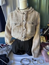 Crop Tweed Jacket Champagne Pink Loose Fit Frayed Hemline Classic Buttons S/M
