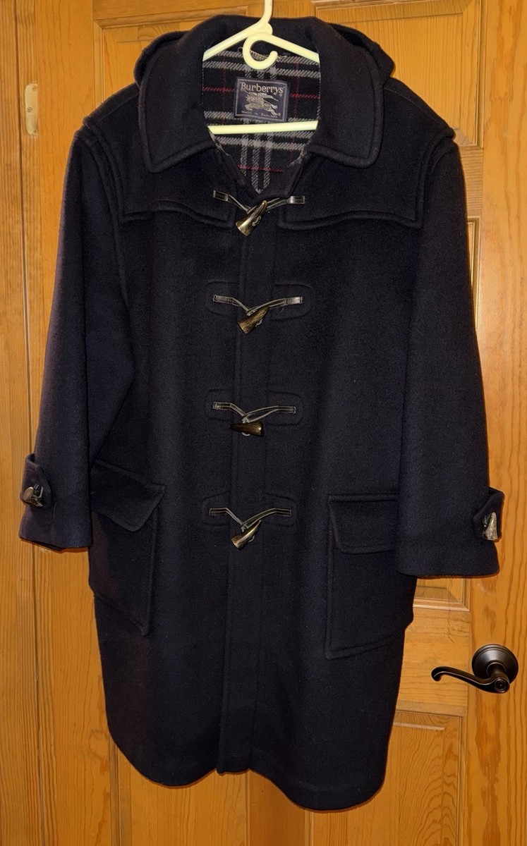 Vtg BURBERRY 100% Wool Hooded Duffle Coat England Blue Nova Check