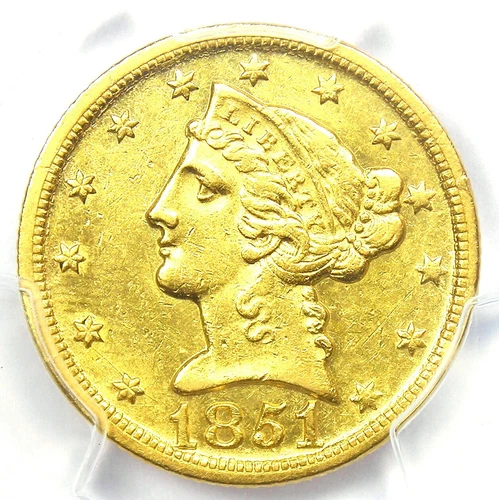 1851-D Liberty Gold Half Eagle $5 Weak D - PCGS AU Detail - Rare Dahlonega Coin!