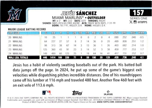 2025 Topps Series 1 - Jesus Sanchez Miami Marlins #157 - Picture 2 of 2